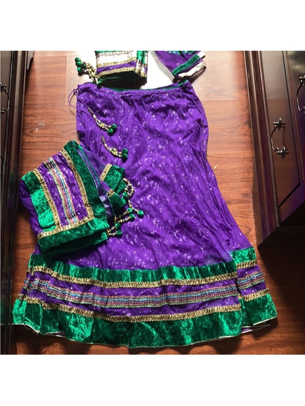 Purple and Green three piece beautiful Lehenga Set. Size is extra small to small